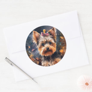 Halloween Biewer Terrier With Pumpkins Scary Classic Round Sticker