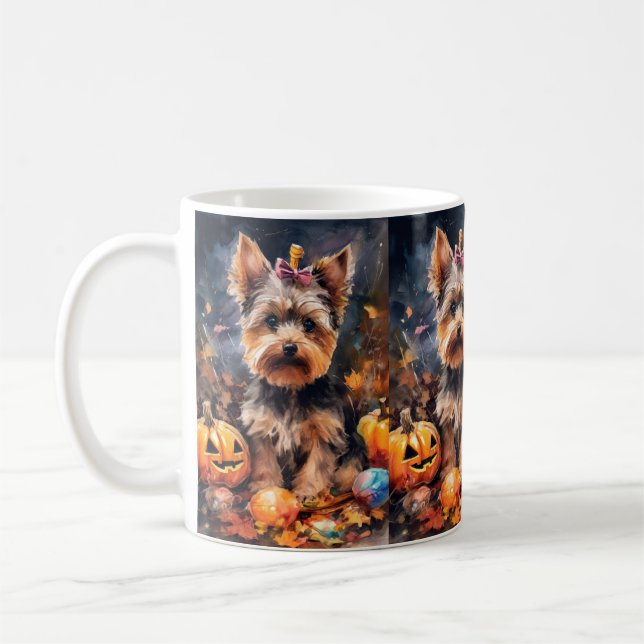 Halloween Biewer Terrier With Pumpkins Scary Coffee Mug (Left)