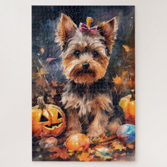 Halloween Biewer Terrier With Pumpkins Scary Jigsaw Puzzle (Vertical)