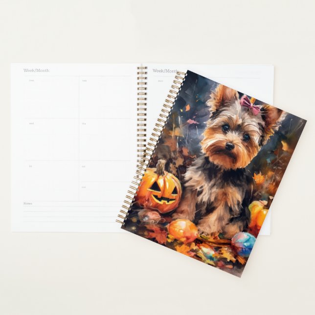 Halloween Biewer Terrier With Pumpkins Scary Planner (Display)