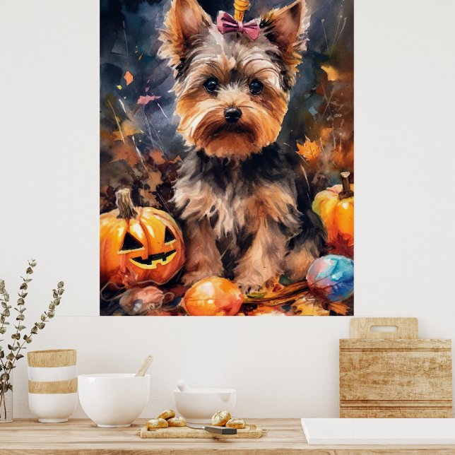 Halloween Biewer Terrier With Pumpkins Scary Poster (Kitchen)
