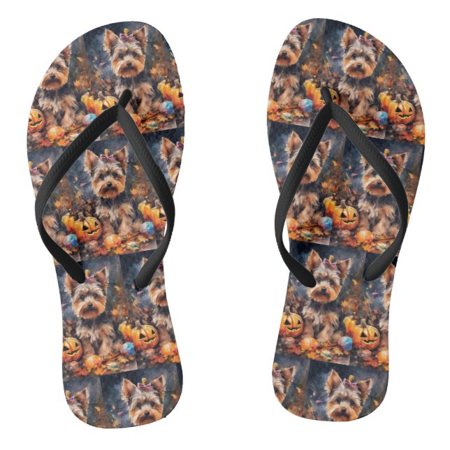Halloween Biewer Terrier With Pumpkins Scary Thongs (Footbed)