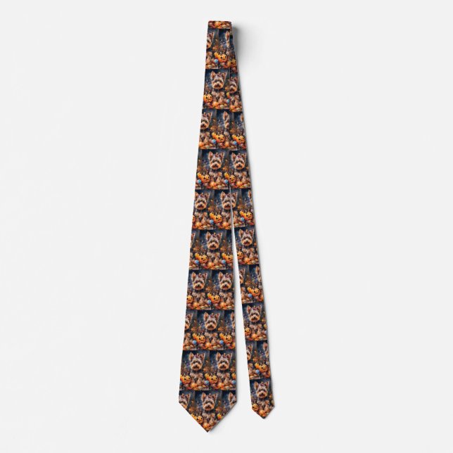 Halloween Biewer Terrier With Pumpkins Scary Tie (Front)
