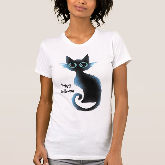 Halloween Big Eyes Black Blue Evil Cat  T-Shirt (Front)