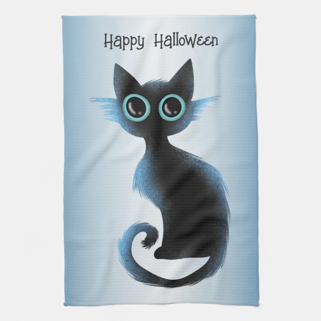 Halloween Big Eyes Black Blue Evil Cat Tea Towel (Vertical)