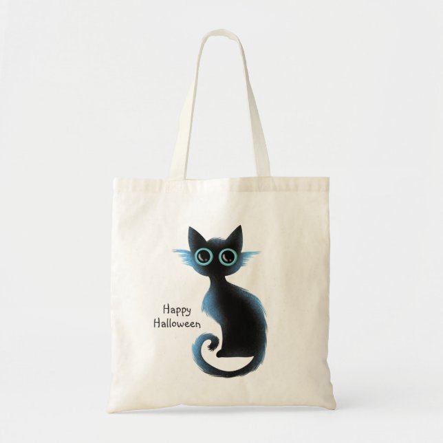 Halloween Big Eyes Black Blue Evil Cat Tote Bag (Front)