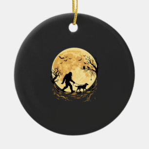 Halloween Bigfoot Walking Labrador Under Full Moon Ceramic Ornament