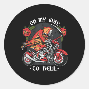 Halloween Biker Skeleton On My Way To Hell Vintage Classic Round Sticker