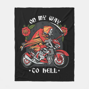 Halloween Biker Skeleton On My Way To Hell Vintage Fleece Blanket
