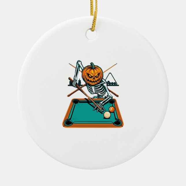 Halloween Billiards Pumpkin Skeleton Pool Ceramic Ornament (Front)