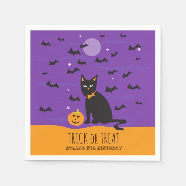 Halloween Birthday Black Cat and Bats Paper Napkin (Front)