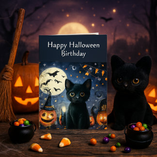 Halloween Birthday Black Cat Greeting Card
