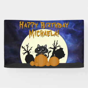 Halloween Birthday Black Cat w Pumpkins Graveyard Banner