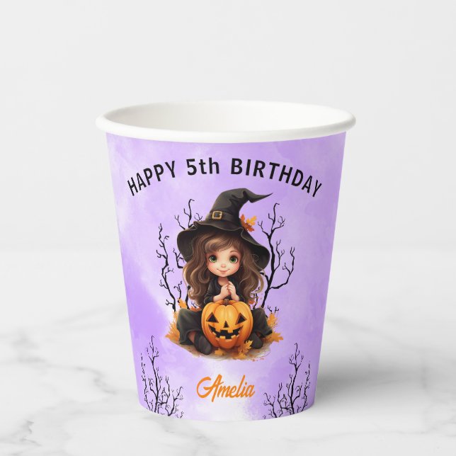 Halloween Birthday Cute Little Witch Paper Cups (Front)