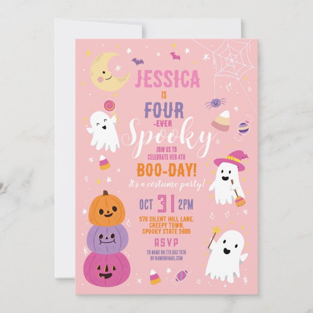 Halloween Birthday FOURever 4th Girls Party Ghosts Invitation (Front)