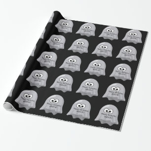 Halloween Birthday Ghosts Cute Custom Name Black Wrapping Paper