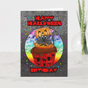 halloween birthday greeting card with cupcake cat