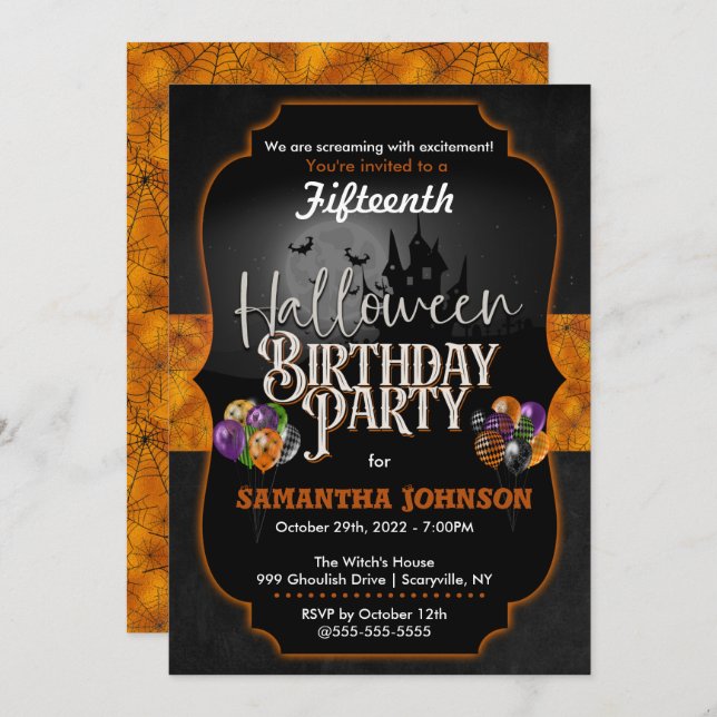 Halloween Birthday Invitation with spiderwebs (Front/Back)