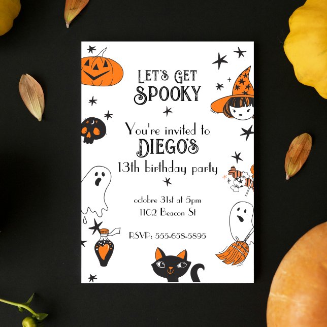 Halloween Birthday Let's Get Spooky Cute Doodles Invitation (Creator Uploaded)