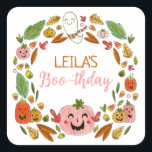 Halloween Birthday Party Favour Square Sticker<br><div class="desc">Are you celebrating a Halloween birthday this year and want a sweet, not spooky, illustrated theme for your party? These extra cute and colourful Halloween themed thank you stickers feature hand drawn festive fun! A wreath of jack o lanterns, autumn leaves, and a happy ghost surrounds your customisable details of...</div>