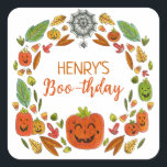 Halloween Birthday Party Favour Square Sticker<br><div class="desc">Are you celebrating a Halloween birthday this year and want a sweet, not spooky, illustrated theme for your party? These extra cute and colourful Halloween themed thank you stickers feature hand drawn festive fun! A wreath of jack o lanterns, autumn leaves, and a spider web surrounds your customisable details of...</div>