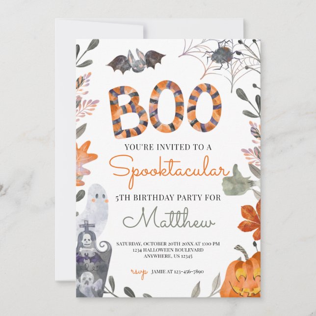 Halloween Birthday Party Invitation with Ghosts (Front)