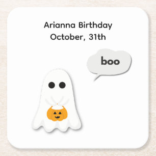 Halloween Birthday Party Minimal Ghost Design Square Paper Coaster