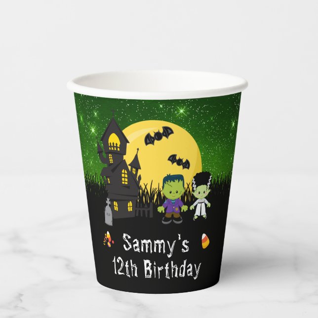 Halloween Birthday Party Monsters Green Paper Cups (Front)