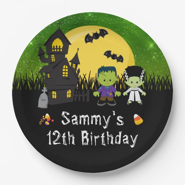 Halloween Birthday Party Monsters Green Paper Plate (Front)