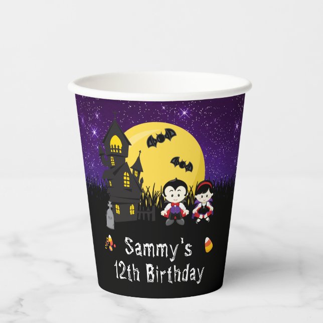 Halloween Birthday Party Vampires Purple Paper Cups (Front)