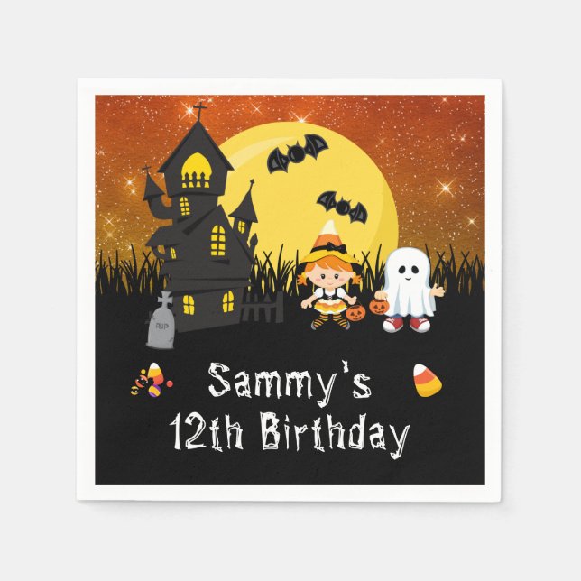 Halloween Birthday Party Witch Ghost Orange Napkin (Front)