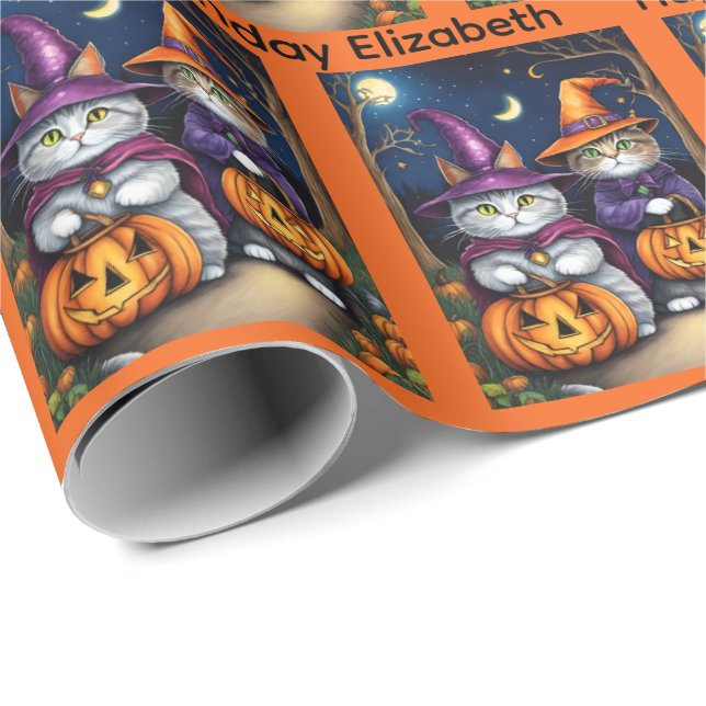 Halloween Birthday Personalise Name Cat Witches Wrapping Paper (Roll Corner)