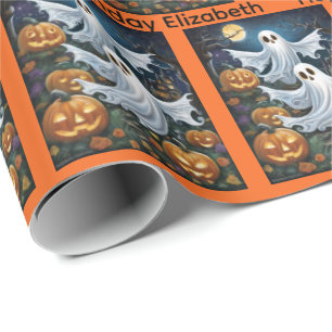 Halloween Birthday Personalise Name Spooky Ghost Wrapping Paper