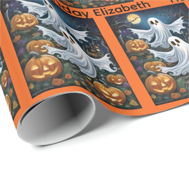 Halloween Birthday Personalise Name Spooky Ghost Wrapping Paper (Roll Corner)