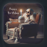 Halloween Birthday Skeleton  Paper Plate<br><div class="desc">A skeleton sits in a worn armchair holding a cupcake with a lit birthday candle for a Halloween birthday Party.
Text can be changed or deleted</div>