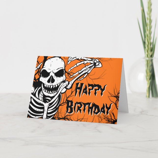 Halloween Birthday Skeleton Spooky Orange Black Card (Front)