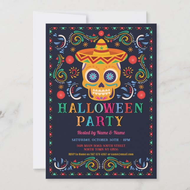Halloween Birthday Sugar Skull Fiesta Mexican Invitation (Front)