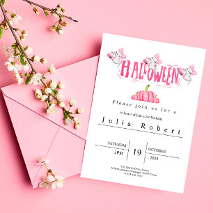 Halloween Birthday watercolor pink ghost pumpkin  Invitation