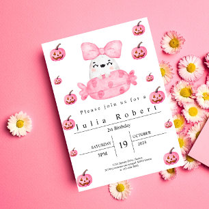 Halloween Birthday watercolor pink pumpkin ghost Invitation