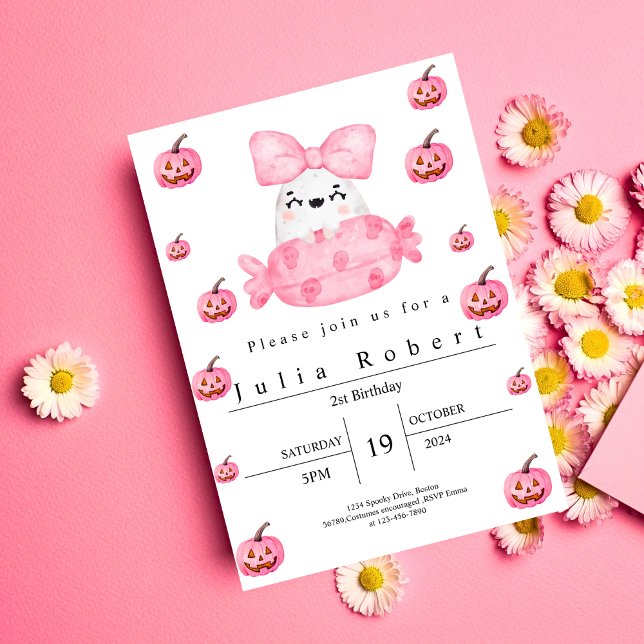 Halloween Birthday watercolor pink pumpkin ghost Invitation (Creator Uploaded)