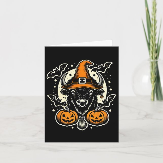 Halloween Bison Spooky Witch Hat And Pumpkins Art  Card (Front)