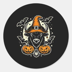 Halloween Bison Spooky Witch Hat And Pumpkins Art Classic Round Sticker