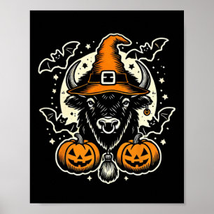 Halloween Bison Spooky Witch Hat And Pumpkins Art Poster