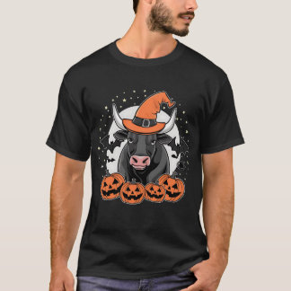 Halloween Bison Spooky Witch Hat and Pumpkins T-Shirt
