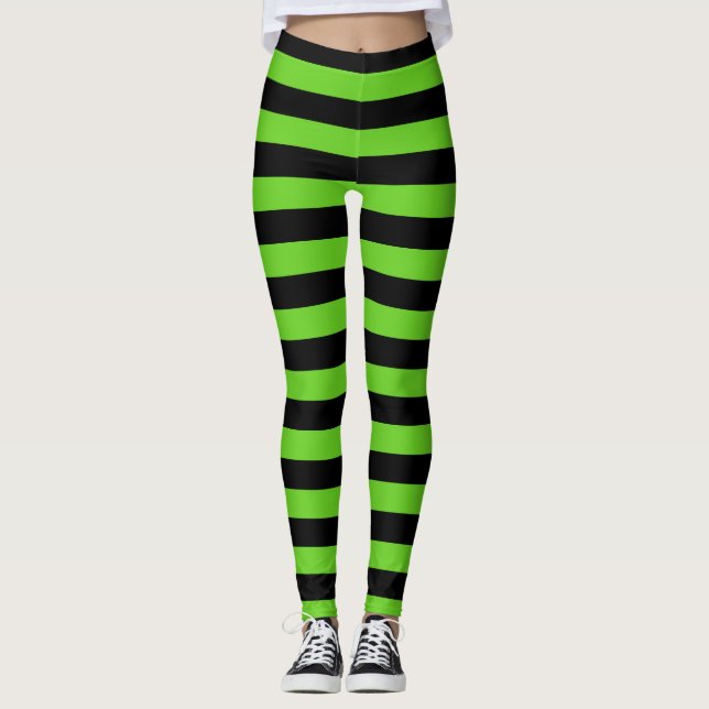 Halloween Black and Green Stripes Pattern Leggings (Front)