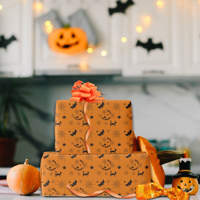 Halloween Black and Orange Wrapping Paper (Halloween Black & Orange Traditional Wrapping Paper with black cats, cobwebs, spiders and bats.)