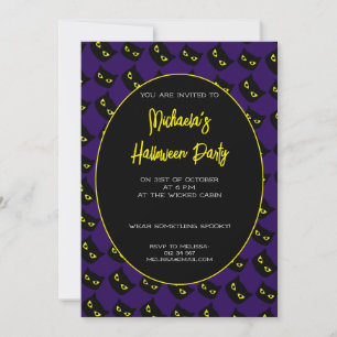 Halloween black and purple cat yellow eyes pattern invitation