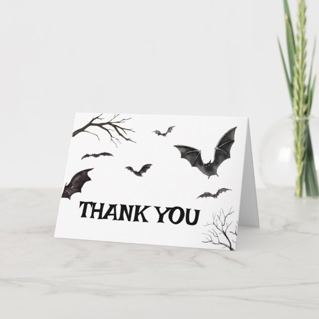Halloween Black and White Bats Baby Shower Thank You Card (Front)
