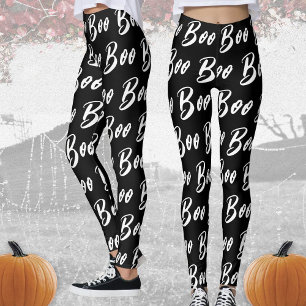 Halloween Black and White boo text pattern Leggings