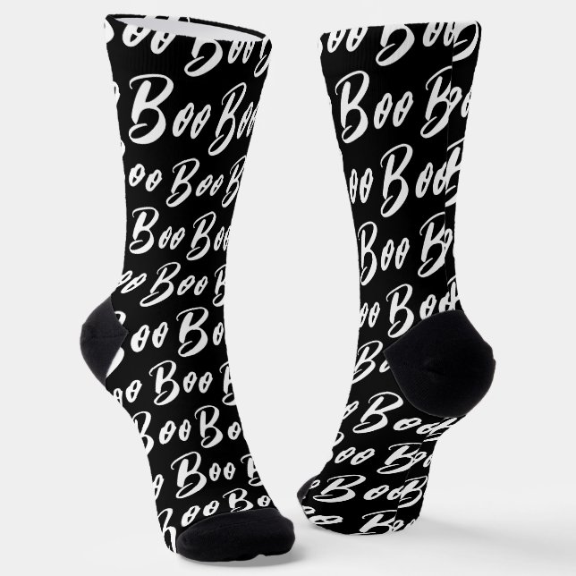 Halloween Black and White boo text pattern Socks (Angled)
